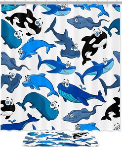 Playful Blue Dolphin and Shark Shower Curtain for Your Bathroom