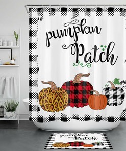 Pumpkin Shower Curtain with Buffalo Plaid for Fall Bathroom Decor - Farmhouse Theme