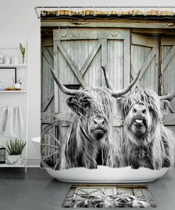 Pumpkin Thanksgiving Shower Curtain with Highland Cow for Autumn Bathroom Decor - Farmhouse Theme