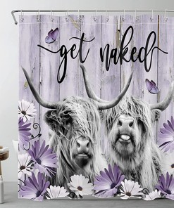 Purple Daisy and Highland Cow Shower Curtain for Farmhouse Bathroom Decor