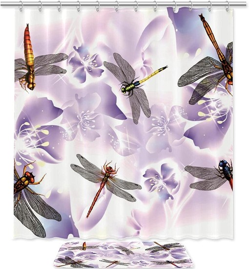 Purple Dragonflies Bathroom Shower Curtain - Waterproof Fabric