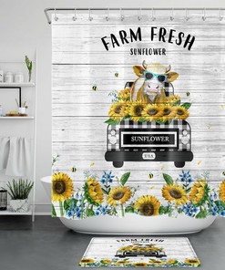 Rainbow Cow Sunflower Shower Curtain for Fun Bathroom Decor - Farmhouse Theme