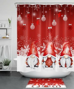 Red Gnomes Christmas Ball Snowflake Shower Curtain for a Festive and Whimsical Bathroom Decor