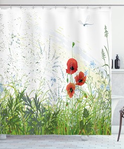 Red Poppies Dragonfly Bathroom Shower Curtain for Stunning Bathroom Decor