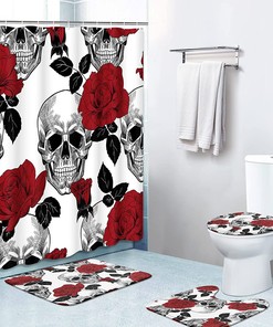 Red Roses Skull Flower Shower Curtain Set for Gothic Bathroom Decor