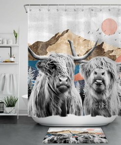 Red Sun Mountain Abstract Shower Curtain, Highland Cow Bathroom Accessory