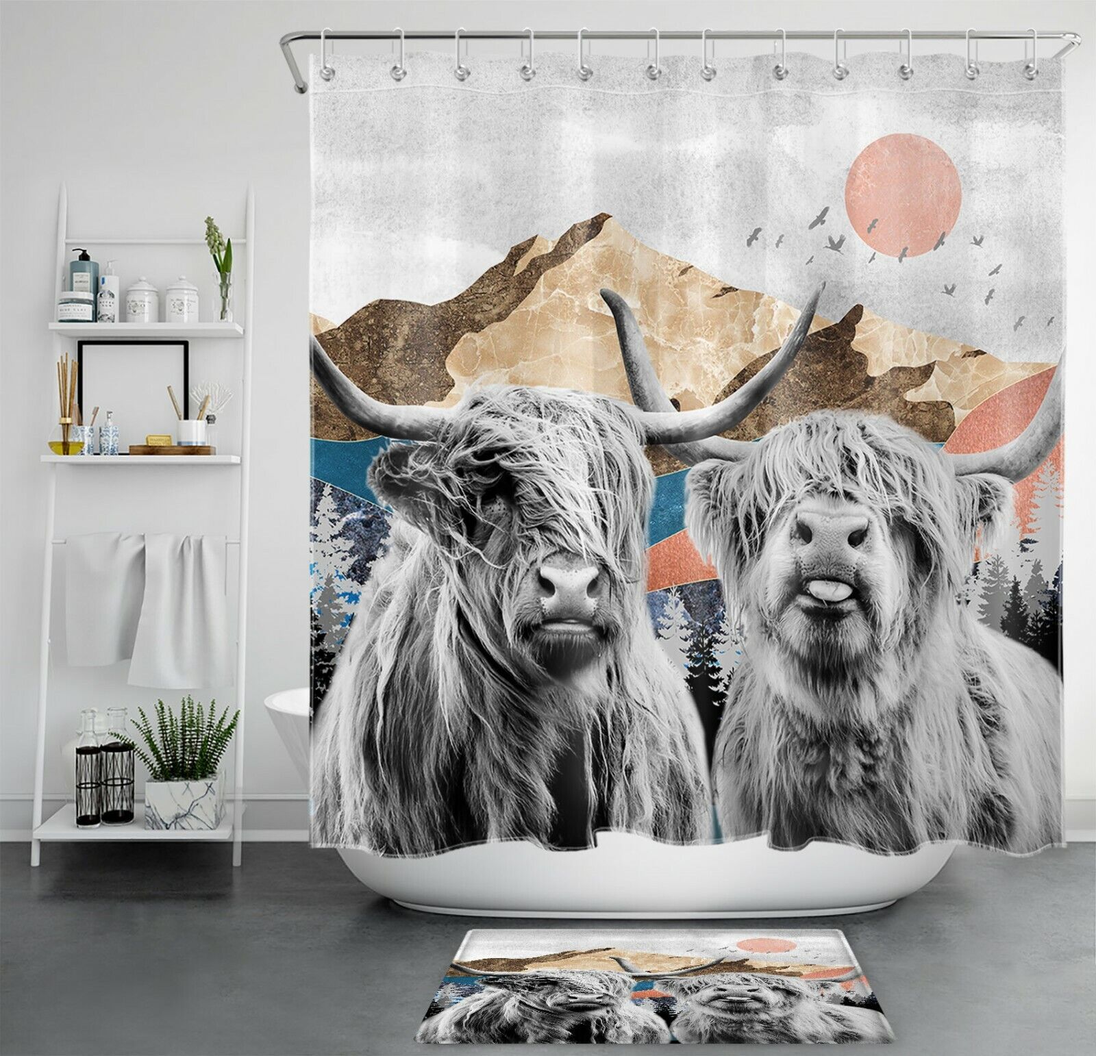 Red Sun Mountain Abstract Shower Curtain, Highland Cow Bathroom Accessory