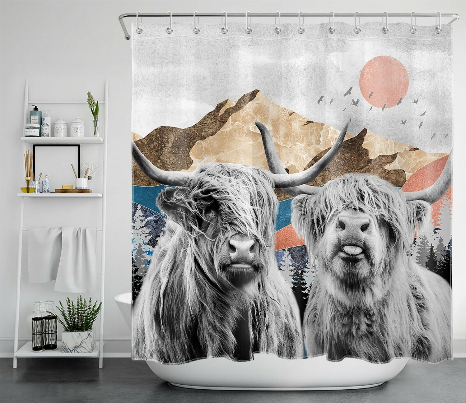 Red Sun Mountain Abstract Shower Curtain, Highland Cow Bathroom Accessory - Image 2