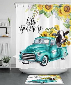 Retro Blue Truck Farm Cow Sunflower Shower Curtain for Bathroom Decor