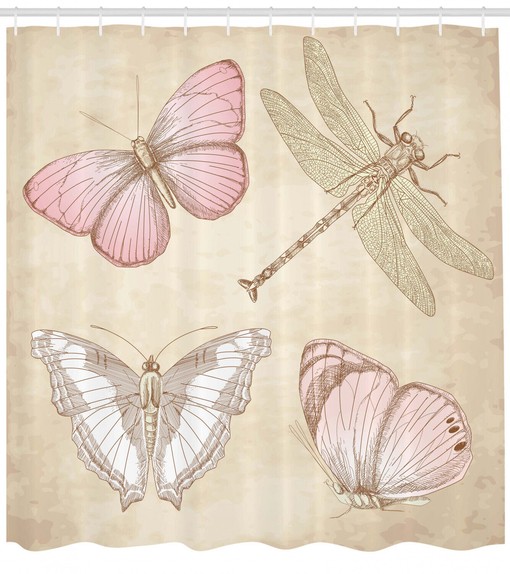 Retro Butterflies Bugs Print Abstract Shower Curtain for Vintage Bathroom Decor - Image 2