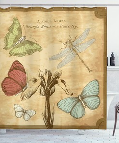 Retro Butterflies Dragonfly Shower Curtain for Vintage Bathroom Decor