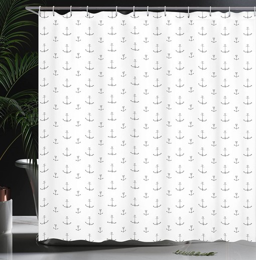 Retro Hand Drawn Anchor Shower Curtain, Tattoo Style Nautical Hipster Retro Art Design- Bathroom Curtain - Image 3