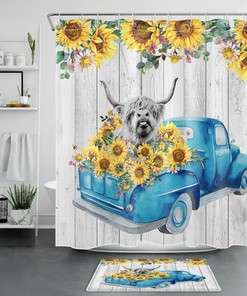 Retro Truck Highland Cow Sunflower Shower Curtain - Blue Rustic Bathroom Decor with Farmhouse Theme