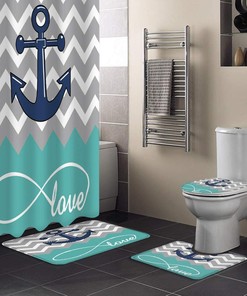 Ripple Grey Love Anchor Design Shower Curtain with Chevron Zig Zag Print for a Trendy Bathroom Decor