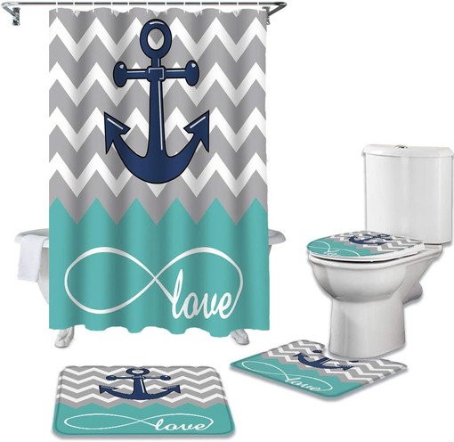 Ripple Grey Love Anchor Design Shower Curtain with Chevron Zig Zag Print for a Trendy Bathroom Decor - Image 2