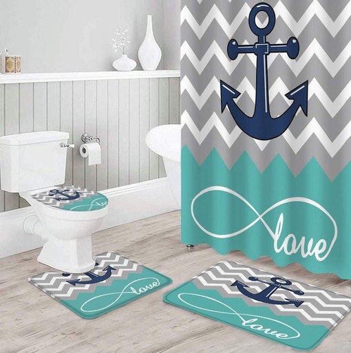 Ripple Grey Love Anchor Design Shower Curtain with Chevron Zig Zag Print for a Trendy Bathroom Decor - Image 3