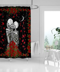 Romantic Skull Shower Curtain, Aesthetic Bathroom Decor with Red Roses and Moon, Waterproof Fabric Bath Curtain