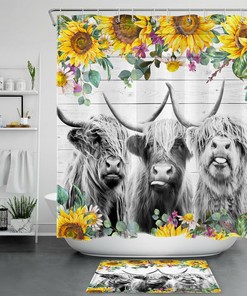 Rustic Board Plant Sunflower Shower Curtain, Highland Cow Bathroom Decor