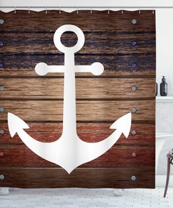 Rustic Brown and White Marine Shower Curtain with Boat Themed Anchor Design for a Coastal Bathroom Decor