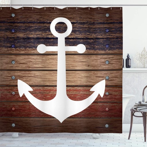 Rustic Brown and White Marine Shower Curtain with Boat Themed Anchor Design for a Coastal Bathroom Decor