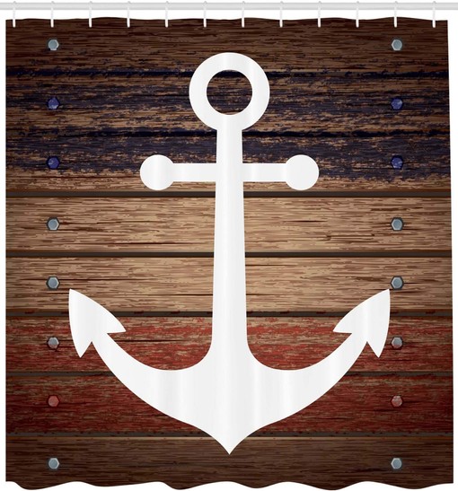 Rustic Brown and White Marine Shower Curtain with Boat Themed Anchor Design for a Coastal Bathroom Decor - Image 2