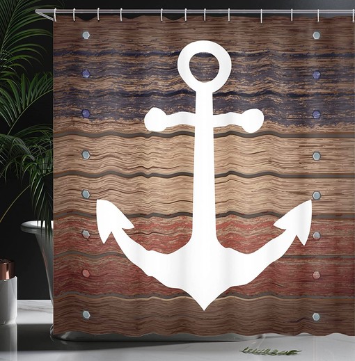 Rustic Brown and White Marine Shower Curtain with Boat Themed Anchor Design for a Coastal Bathroom Decor - Image 3