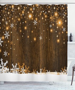 Rustic Christmas Shower Curtain, Wooden Backdrop with Snowflakes and Warm Traditional Celebration Print in Brown White Bathroom Decor