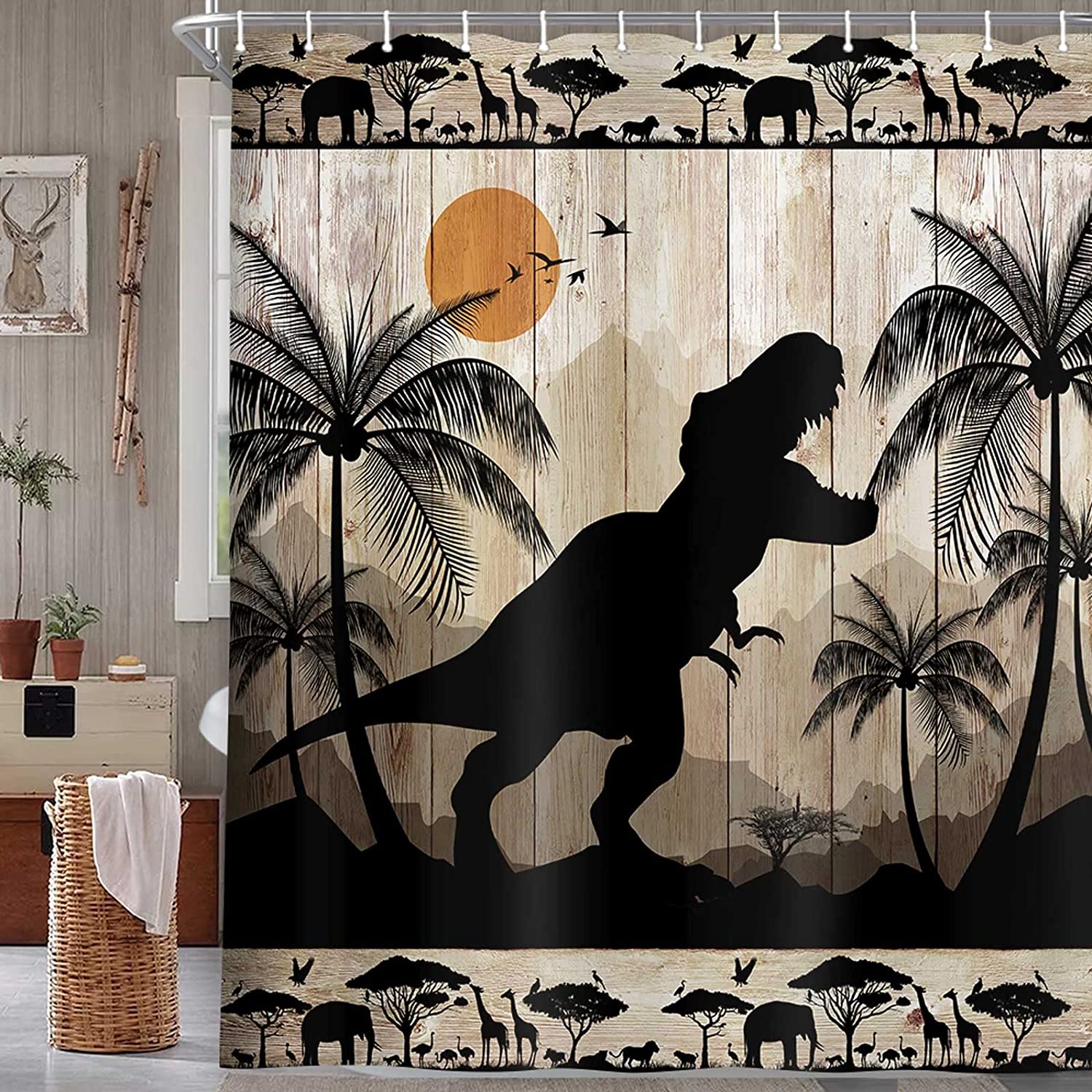 Rustic Dinosaur Shower Curtain, Cute Fabric Bath Curtain for Kids