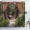 Rustic Doorway Japanese Shower Curtain, National Park Habitat Scenery Print for Bathroom Decor, Green and Brown Cloth Fabric