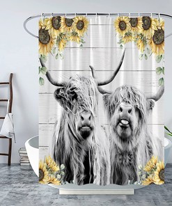 Rustic Highland Cow Sunflower Shower Curtain for Country Bathroom Decor