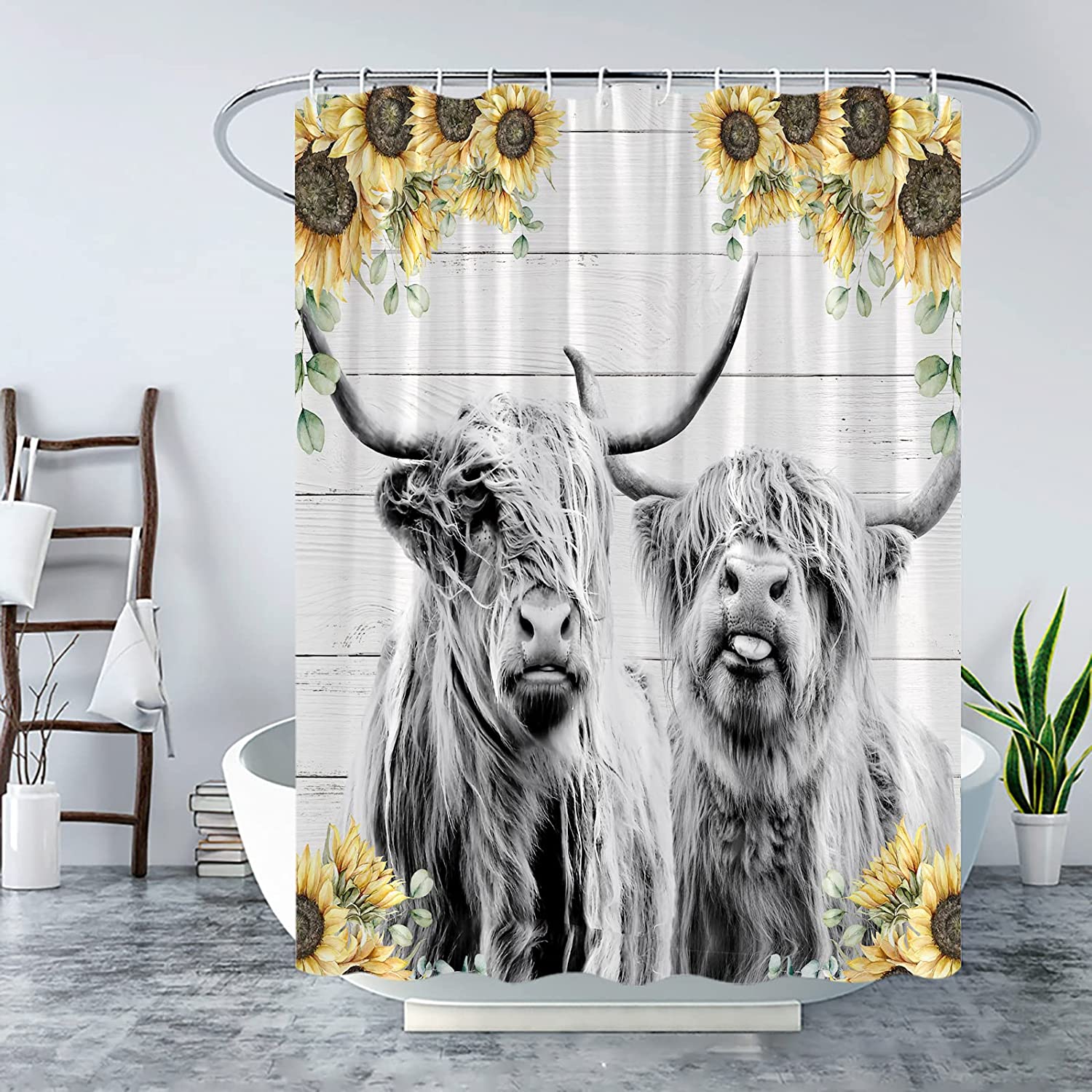 Rustic Highland Cow Sunflower Shower Curtain for Country Bathroom Decor