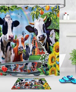 Rustic Planks Shower Curtain with Highland Cow and Flowers - Farmhouse Bathroom Decor