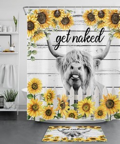 Rustic Sunflower Highland Cow Shower Curtain, Country Bathroom Accessories