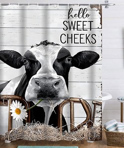Rustic Western Cow Shower Curtain with Fun Retro Farmhouse Design for Bathroom Decor