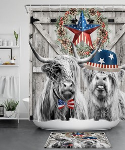 Rustic Wood Barn Patriotic Shower Curtain, Highland Cow Bathroom Decor