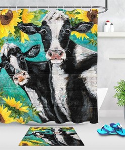 Rustic Wood Board Sunflower Funny Cow Shower Curtain for a Farmhouse Bathroom Decor with a Touch of Whimsy
