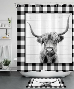 Rustic Wood Planks Highland Cow Shower Curtain for Farmhouse Bathroom Decor