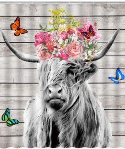 Rustic bull with Butterfly Shower Curtain, Farm Animal Bathroom Decor with Highland Cow
