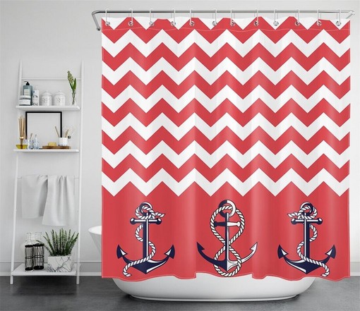 Sailor Red White Wave Striped Shower Curtain Bathroom Decor - Image 2