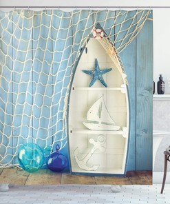 Sea Objects Wooden Backdrop Nautical Shower Curtain Blue White Bathroom Decor