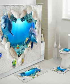 Sea Shell Beach Shower Curtain - Cute Dolphin Design, Fabric Material