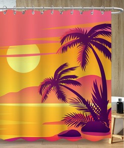Sea Sunset Palm Trees Shower Curtain with Vintage Medieval Design, Perfect for Bathtub Decor - Bathroom Curtain