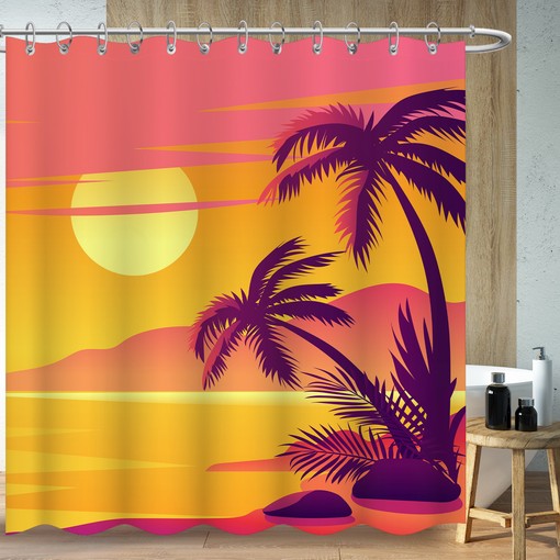 Sea Sunset Palm Trees Shower Curtain with Vintage Medieval Design, Perfect for Bathtub Decor - Bathroom Curtain