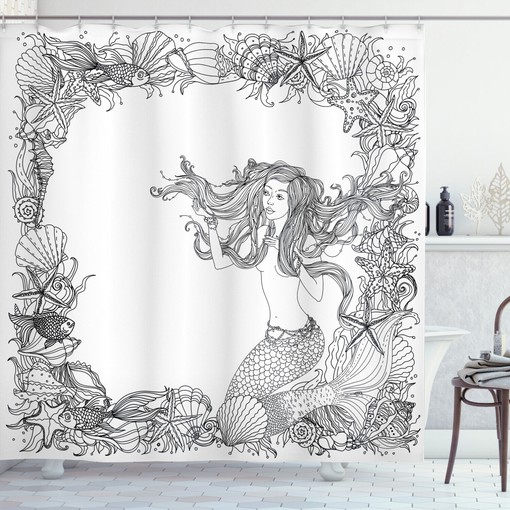 Seashells Mermaid Myth Ancient Print Shower Curtain - Nautical Bathroom Decor