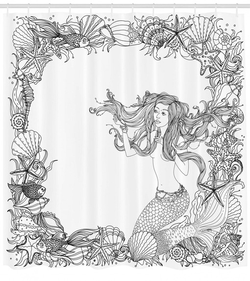 Seashells Mermaid Myth Ancient Print Shower Curtain - Nautical Bathroom Decor - Image 2