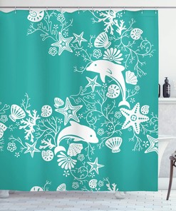 Seashells and Coral Shower Curtain, Dolphins Flowers Starfish Cloth Bathroom Decor, Sea Green White
