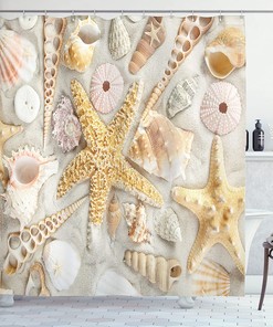 Seashells on Sandy Beach Shower Curtain, Summer Vacation Nautical Theme Cloth Bathroom Decor, Coconut Beige