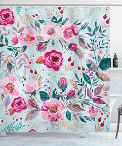 Shabby Floral Shower Curtain with Spring Flowers in Mint Pink for Bathroom Decor