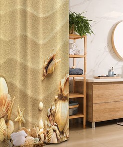 Shells on Wavy Sandy Beach Shower Curtain, Summer Nature Coastal Theme Fabric Bathroom Decor, Sand Brown