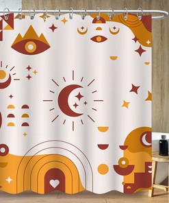 Shower Curtain with Abstract Line Mountain Design and Stars Moon Pattern, Minimalist Bathroom Decor - Bathroom Curtain